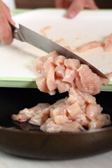 Adding diced chicken fillet into frying pan. Making Chicken and Egg Galette Series.