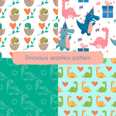 Set seamless pattern with cute dinosaurs with hearts and leaves on white and color background. Vector cartoon illustration.