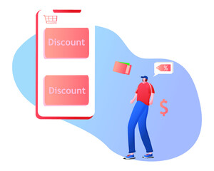 A young man looked at a large smartphone with lots of discounts, wallets, and money when he wanted to shop online during the spread of the coronavirus