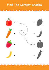 Find the correct cartoon fruits and shadow. Educational children logical game. Printable worksheet for preschool kids