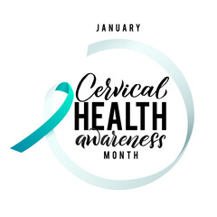 Cervical Cancer Vector Illustration. Ribbon around letters. Vector Stroke White and Teal Ribbon. January is Cervical Cancer Awareness Month