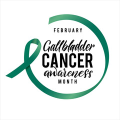 Vector Gallbladder Cancer Awareness Calligraphy Poster Design. Stroke Green Ribbon. February is Cancer Awareness Month