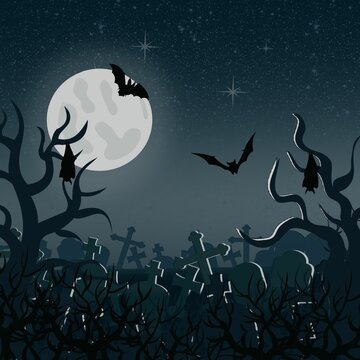 Dark starry night in the cemetery. Full moon and bats in search of prey.