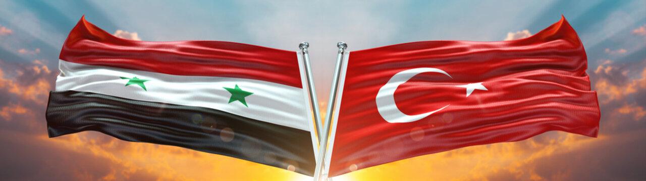 Double Flag Turkey Vs Syria Flag Waving Flag With Texture Sky Clouds And Sunset Background