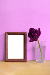 Vertical photo with composition made of single purple tulip flower in vase and wooden frame for placimg text on bright pink background.