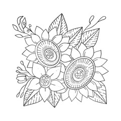 Zen tangle floral pattern, black lines on white background, antistress coloring. Hand drawn flower ornament. Vector illustration.