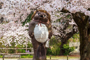 館林市　茂林寺のたぬき像と桜