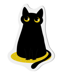 Sticker. Black funny cat for New Year, Christmas. For postcards, posts, fashion prints, textiles, clothing, cups. Cartoon style. 