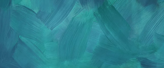 Dunkler türkisfarbener Kunsthintergrund. Große Pinselstriche. Acrylfarbe in Aquamarin- oder Seladonfarben. Abstraktes Gemälde. Strukturierte Oberflächenvorlage für Banner, Poster. Schmale horizontale Darstellung © akininam
