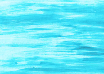 Bright turquoise art background. Horizontal brush strokes. Acrylic paint in blue and white colors. Abstract painting. Textured surface template for banner. Monochrome illustration with simple pattern