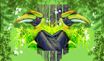 Beautiful digital artistic background concept for animal and nature forrest, two great hornbill bird, tree, elements design for decoration. Background for wallpaper, poster, printing. © dul_ny