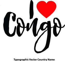 I Love Congo Country Name Bold Calligraphy Black Color Text With Red Heart on White Background