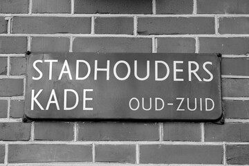 Street Sign Stadhouderskade At Amsterdam The Netherlands 2019 In Black And White