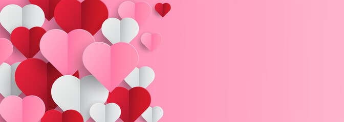 Fototapeta na wymiar Valentines hearts postcard. Paper flying elements on pink background. Vector symbols of love in shape of heart for Happy Valentine's Day greeting card design.