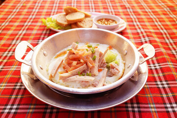 Breakfast , Pan Fried Egg with Toppings and Fried Pork Sausage - Traditional food scene at Chiang Khan Loei Thailand