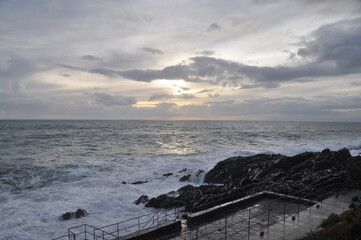 sea storm in Nervi in winter, Genova, Liguria, Italy