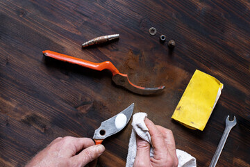 men hands cleaning and assembling a pair of garden scissors. Spring garden preparation. Image with copy space