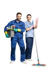 Attractive young woman and man in cleaning uniform and rubber gloves holding a mop and a bucket of cleaning products in his hands, isolated on white background.