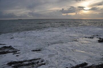 sea storm in Nervi in winter, Genova, Liguria, Italy