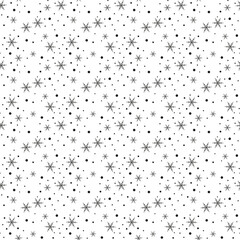 Snowflake simple seamless pattern. Black snow on white background. Abstract wallpaper, wrapping decoration. Symbol of winter, Merry Christmas holiday