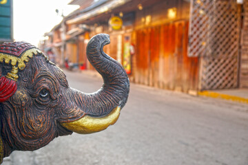  Face of elephant with Chiang Khan old town walking Street background Loei Province Thailand