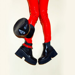 Fashion legs in platform party boots and red leather leggins and cap on minimal background. Stylish clubbing 90s fashion.