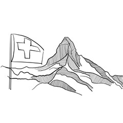 Black and white silhouette of the famous mountain Cervino or Matterhorn, part of the Italian and Swiss Alps. Handmade drawing of the main summit at 4,478 meters. Swiss flag