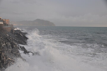 sea storm in Nervi in winter, Genova, Liguria, Italy