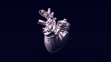 Silver Artificial Cyborg Heart with Bright White  Moody 80s Lighting 3d illustration render	