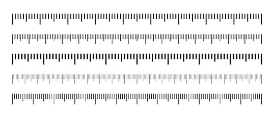 Set of black measuring scale. Marking for the ruler in centimeters and inches. Scale for rulers. Marks for tape measure and thermometer scale. Measuring tool. Size indicators. - obrazy, fototapety, plakaty