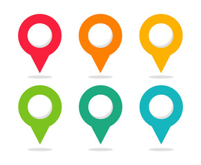 Set of colorful pointers. Collection of map markers. Map pins. Navigation and location icons. Vector illustration.