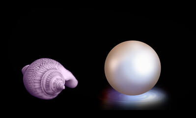 Close up image of organic pearl with a white shell isolated black background