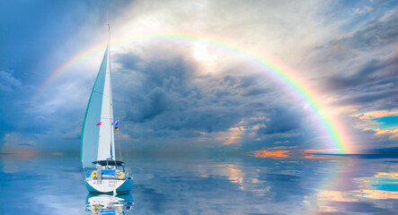 Sailing Yacht from sail regatta on mediterranean sea at sunset - Sailing luxury yacht with white...