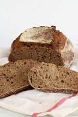 Homemade rye and white flour sourdough tartine bread.