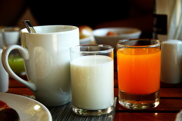 Milk and juice in glass scene represent food and beverage related concept idea.