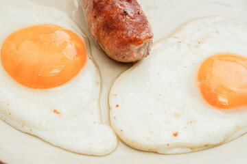 Close up of 2 fried eggs and a sausage, macro shot