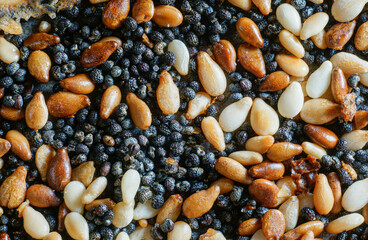 Macro shot of fried sesame and poppy seeds