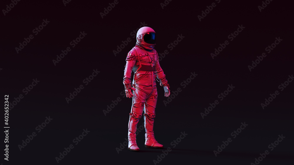 Poster astronaut with black visor and simple retro silver spacesuit with pink and white moody 80s lighting 