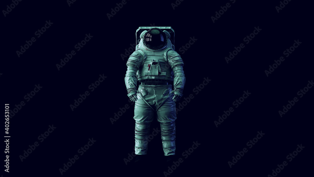 Canvas Prints astronaut with black visor and white spacewalk spacesuit with blue and green moody 80s lighting 3d i