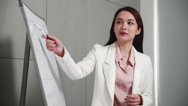 Businesswoman holds meeting presentation conference speaker and presentation explain project strategy on whiteboard at office boardroom.