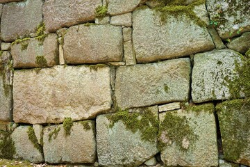 Greenish discoloration on ancient stone wall at former Imperial Villa Nijo-jo, Nijo Castle, in Kyoto, Japan - 苔のついた城壁 二条城