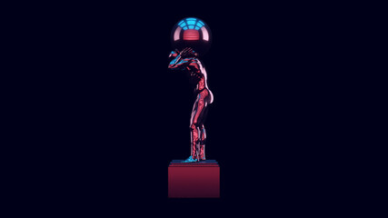 Atlas Statue Holding up the Celestial Heavens with Pink  Blue Purple Moody 80s lighting 3d illustration render	
