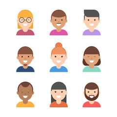 Collection of avatars of young men and women of various races. Vector illustration in flat design.