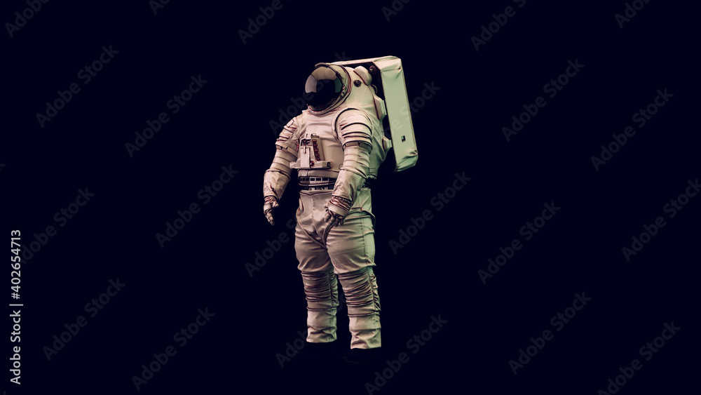 Canvas Prints astronaut with black visor and white spacewalk spacesuit with green and white moody 80s lighting 3d 