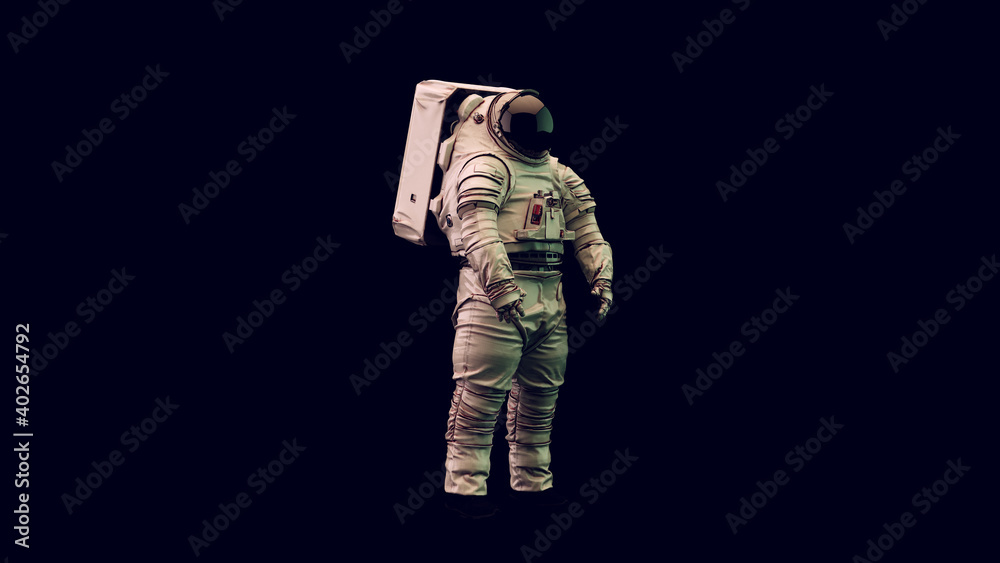 Canvas Prints astronaut with black visor and white spacewalk spacesuit with green and white moody 80s lighting 3d 