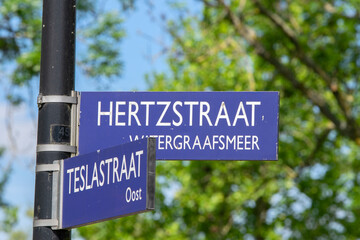 Street Sign Hertzstraat And Teslastraat At Amsterdam The Netherlands 27-5-2020