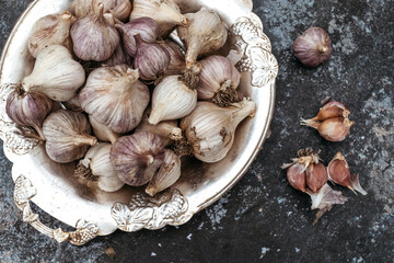 Lot garlic on blue background. Free place.