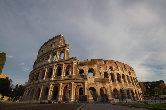 The last sunshine of the day at Colosseum,Italy.An oval amphitheater in the center of the city of Rome.