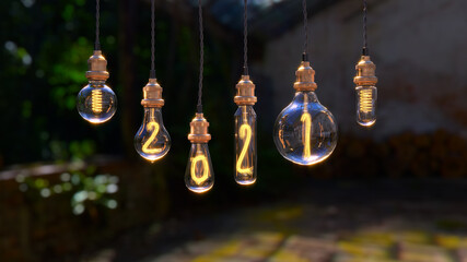 Light bulb christmas background. Edison light bulb. 2021 year background. 3d render