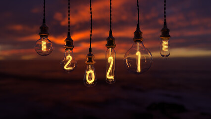 Light bulb christmas background. Edison light bulb. 2021 year background. 3d render